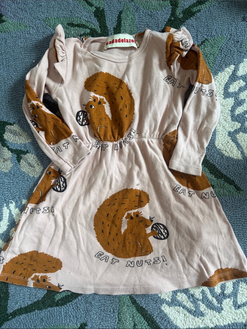 Kids Cream Long-Sleeve Dress with Brown Squirrel Print -